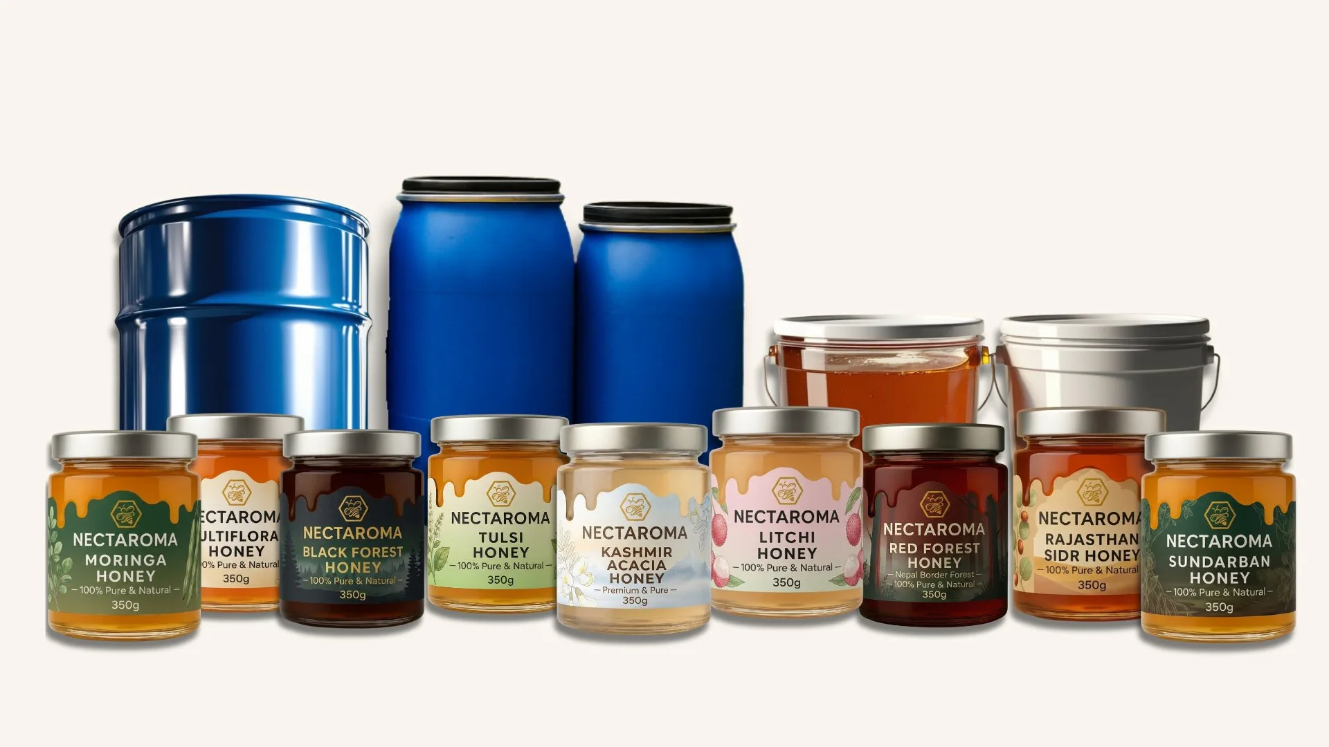 Bulk honey drums alongside finished private-label variants — Global Joby supply at scale.